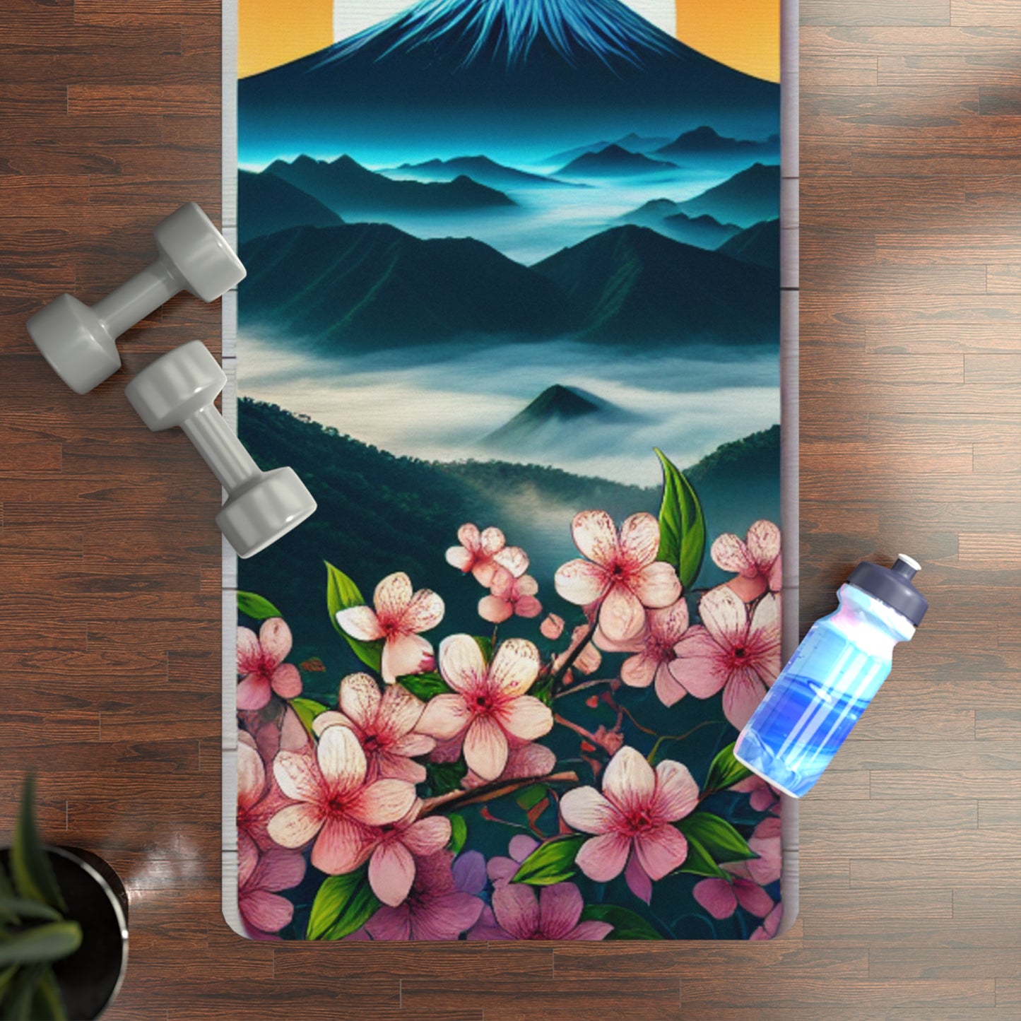Charming Floral Yoga Mat with Mount Fuji Design
